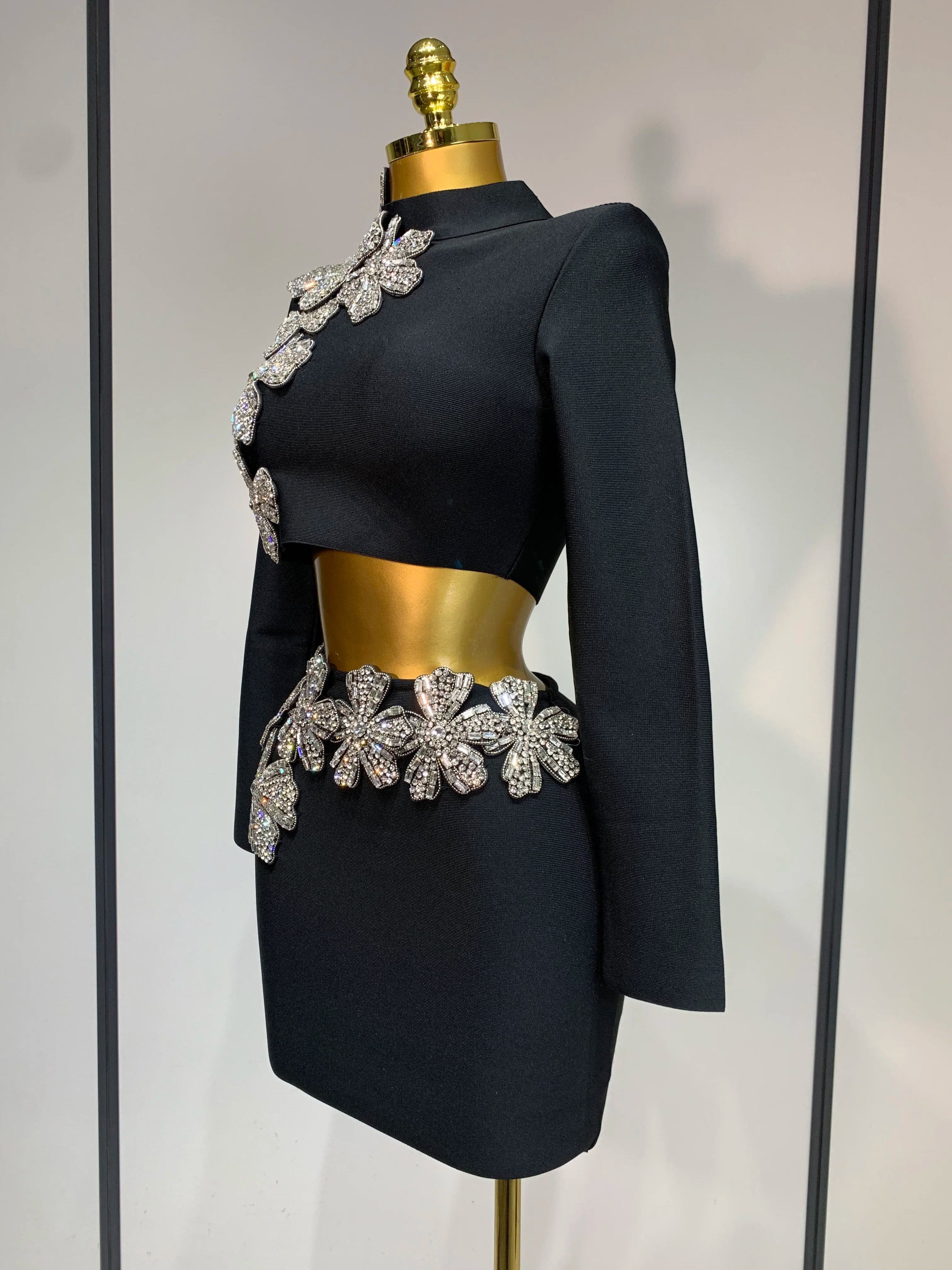 Women Long Sleeves Bandage Two Piece Sets Turtleneck Shiny Diamonds Flower Top Bodycon Mini Skirts Suits Evening Club Party Set