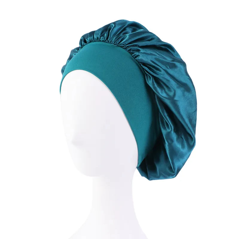 Women's Satin Solid Wide-brimmed Sleeping Hat Unisex Head Wrap Elastic Band Cap Hair Care Bonnet Night Hat bonnet de nuit Teal