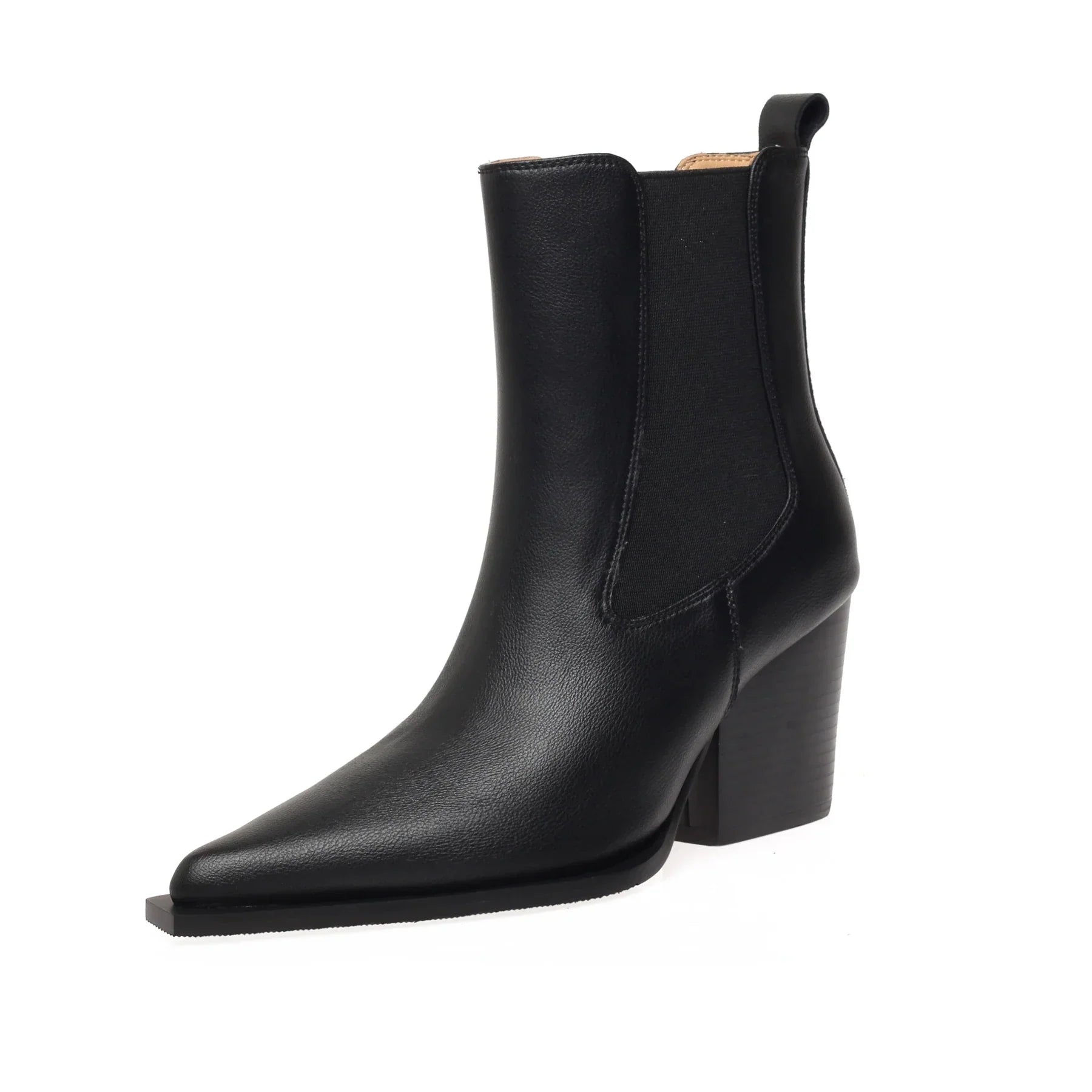 Krazing Pot Cow Leather Pointed Toe High Heels Chelsea Boots Winter Warm Shoes Runway Concise Fashion Dress Women Ankle Boots black