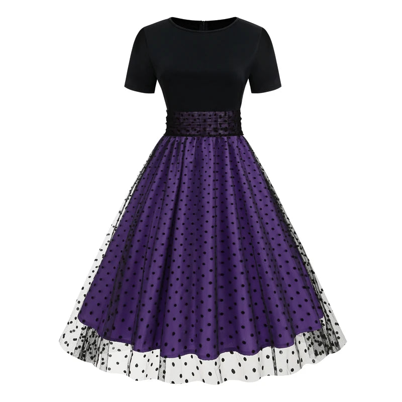Tonval Round Neck Ruched High Waist Vintage Dot Mesh Overlay Pleated Dress Women Short Sleeve Evening Elegant Party Midi Dresses PURPLE