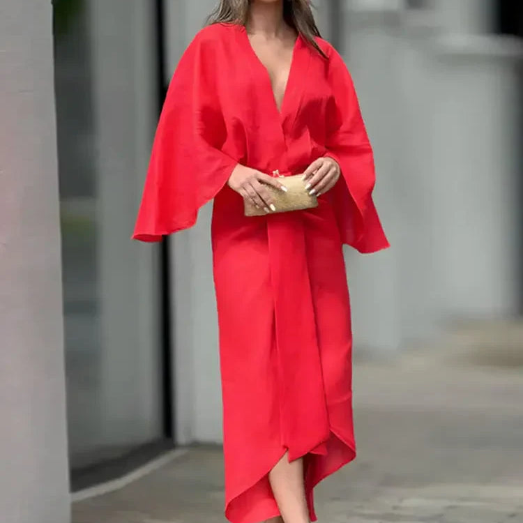Women Fashion Loose Flare Sleeves Pleated Midi Dress Elegant Solid V-neck High Waist Slim Dresses Female Highstreet Vestidos Red