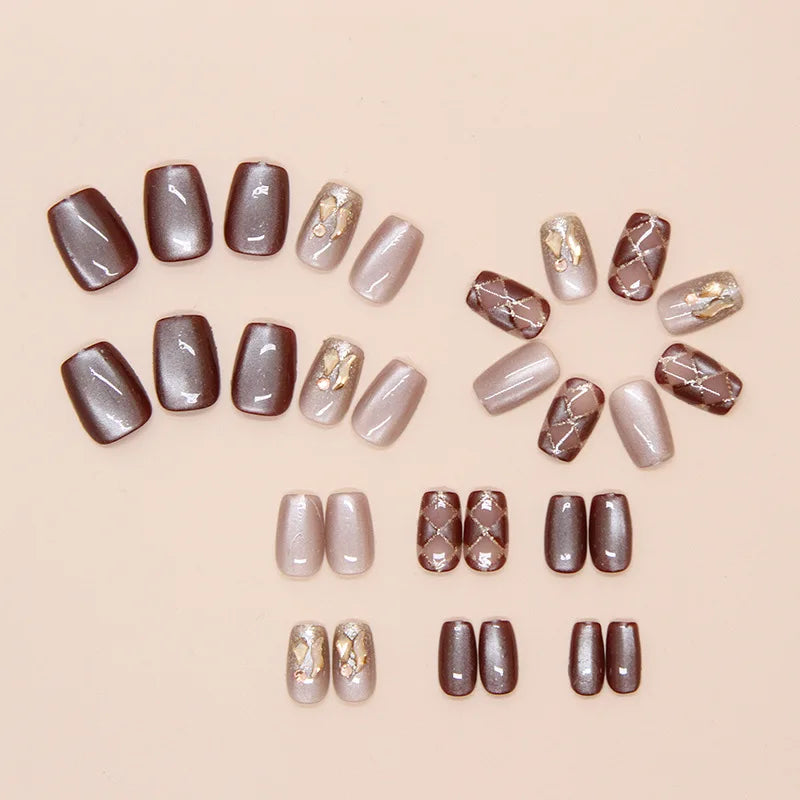 24pcs Cat's Eye Diamond Grid Glitter Press on Nails Short Style Nails Full Cover Wearable False Nails