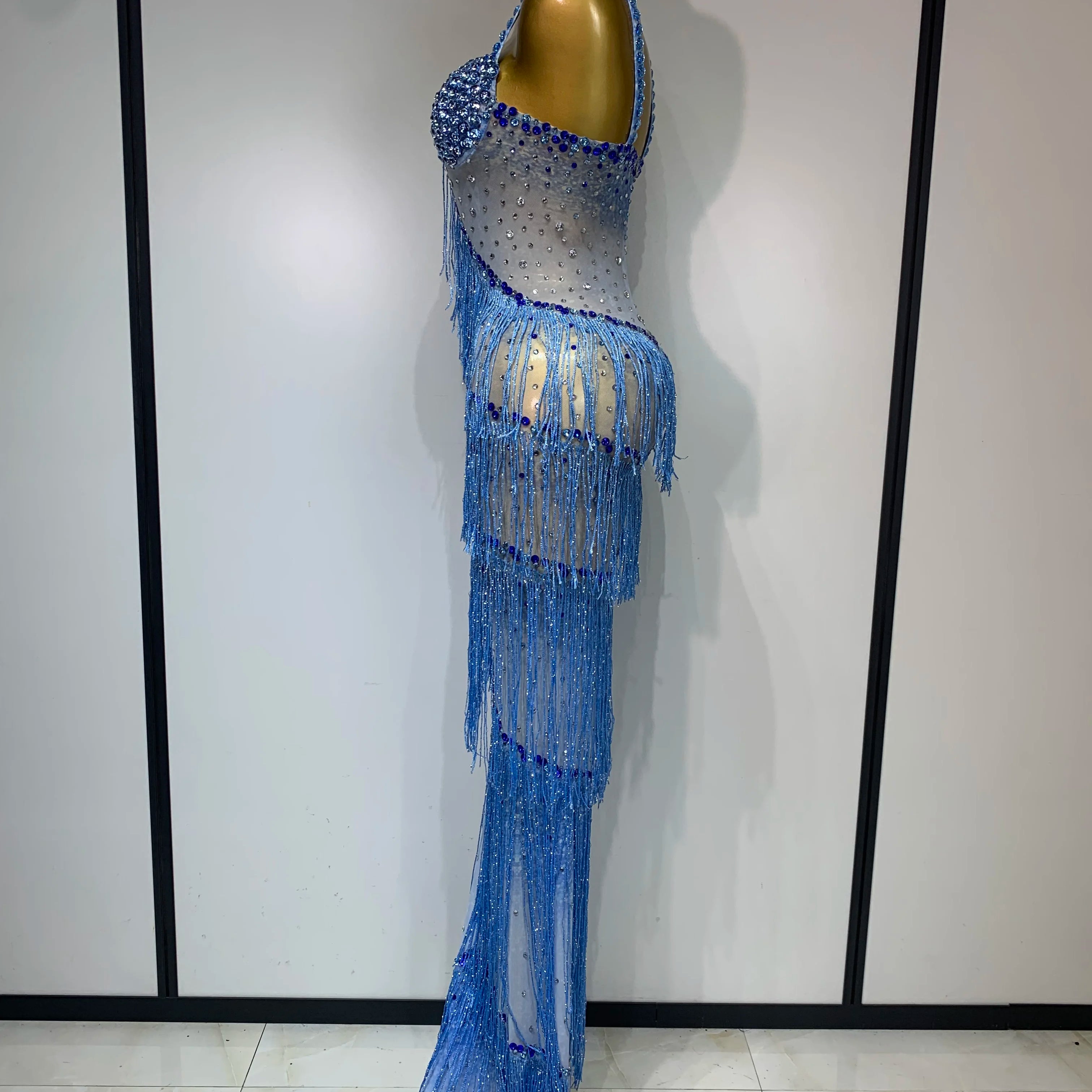 Vestido longo longo com franjas e strass brilhantes, feminino, sexy, transparente, elegante, para festa de aniversário, sessão de fotos