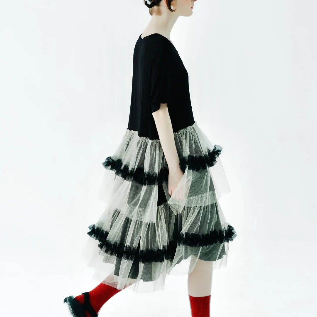 IMAKOKONI Original Design Black Short Sleeve Dress Mesh Splice Casual Loose Fit Dress 234147