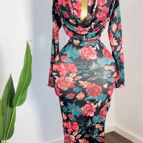 CM.YAYA Women Rose Printed Long Sleeve Pile Neck Bodycon Midi Maxi Long Dress 2025 Summer Birthday Vacation Sexy Party Dresses