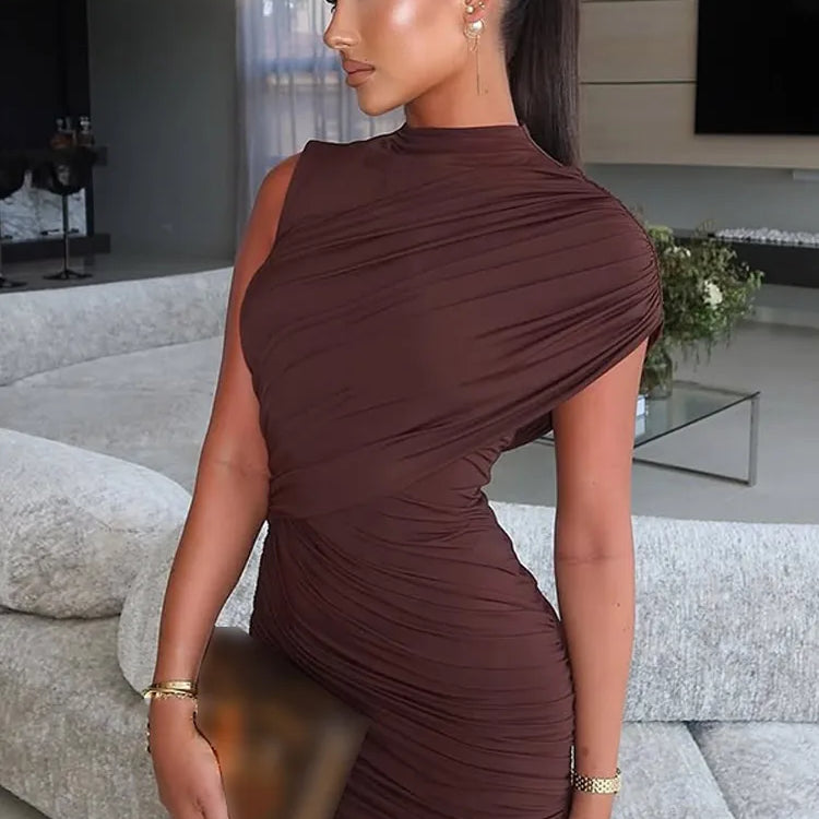 Brown Pleat Women Mini Vestidos Elegant Draped Ruched Turtleneck Sleeveless Slim Fit Dresses Summer Woman Club Party Short Dress