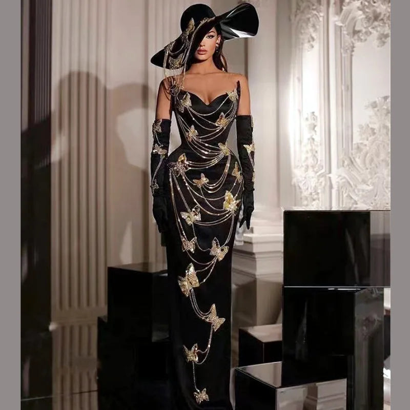 Fashionable Gloves Gold Shining Diamond Butterfly Strapless Black Long Dress Celebrity Luxury Evening Dress Performance costume
