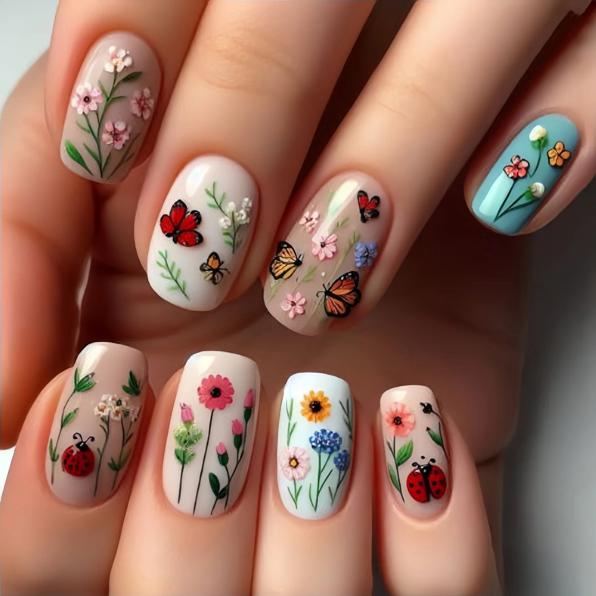 24pcs Acrylic Press on Nails Medium Green Flower Plants Pattern Fake Nails with Glue Ballet Full Cover Wearable False Nail Tips