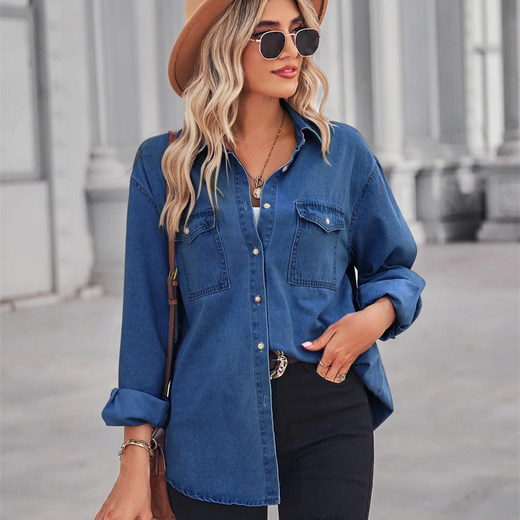 Women Button Down Denim Shirt Casual Long Sleeve V Neck Chambray Blouse Top Boyfriend Style Loose Fit Daily Wear Jean Shirts dark blue