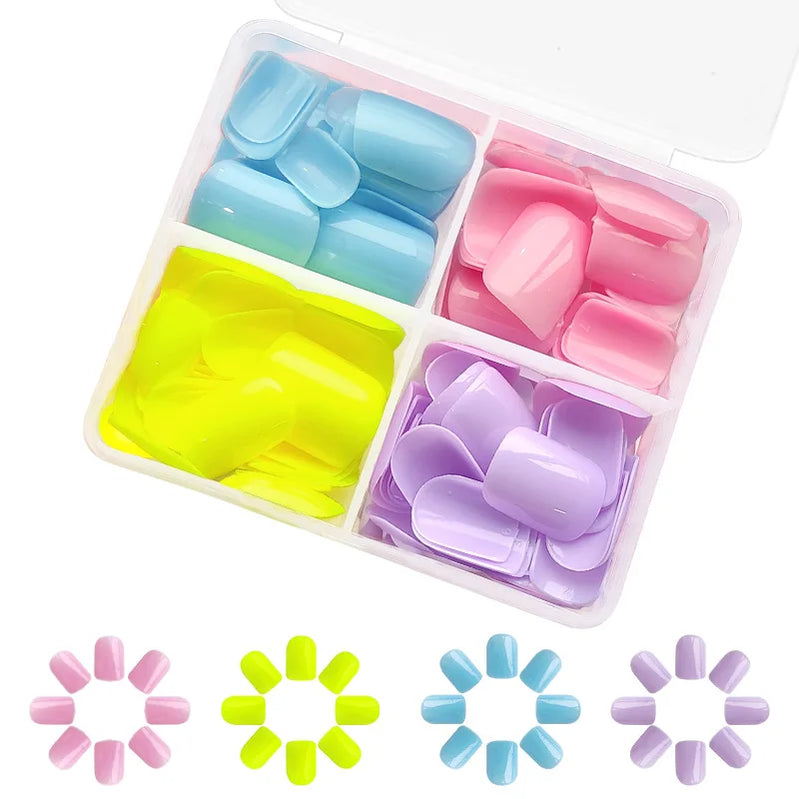 96pcs/set short square fake nails glossy summer 4 colors pink red purple green blue faux ongles press on charm false nail kit