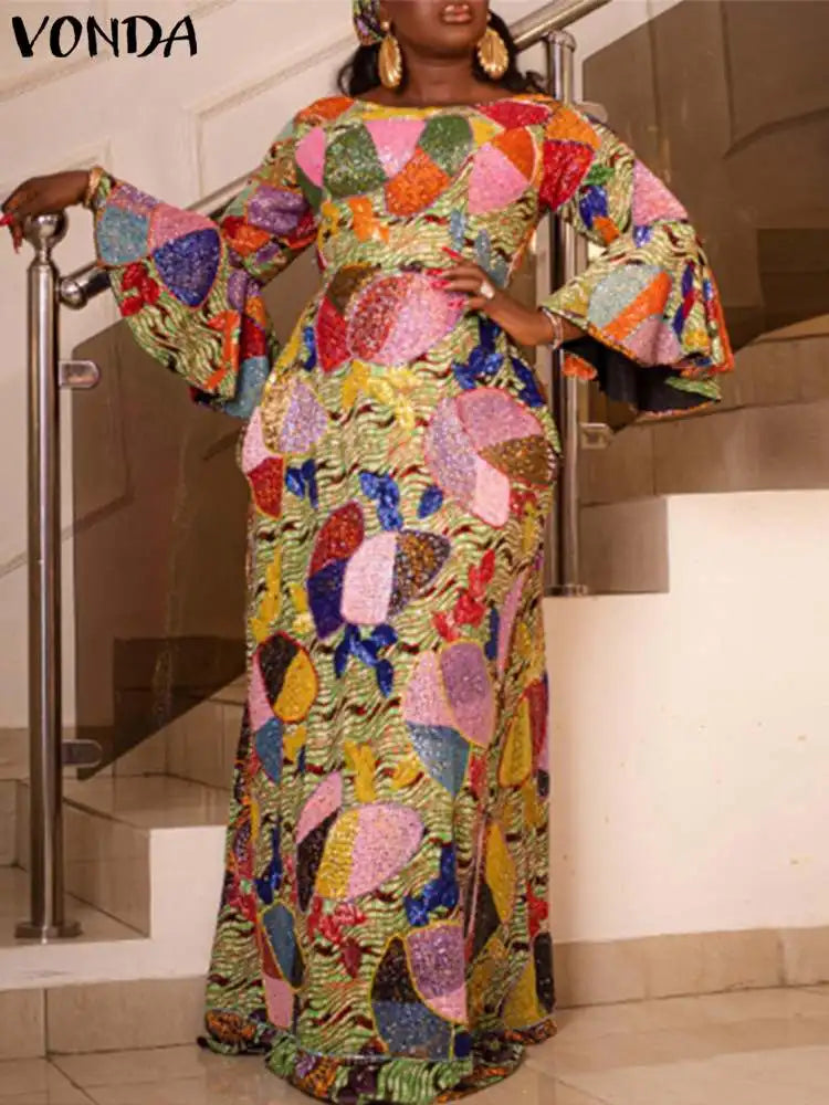 Plus Size 5XL Elegant Women Maxi Dress Autumn Long Flare Sleeve Casual Printed Elegant Long Shirt Sundress Party Vestidos green