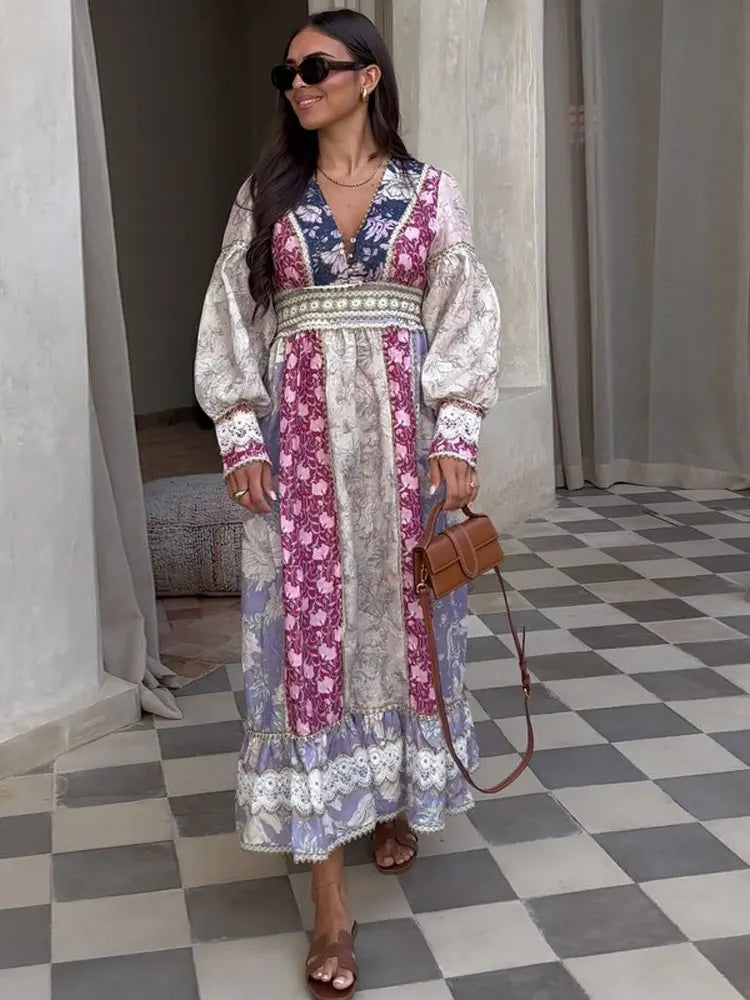 Fashion Patchwork Print Maxi Dress Women Long Sleeve V Neck High Waist Vestidos Female Vacation Party Club Robes print