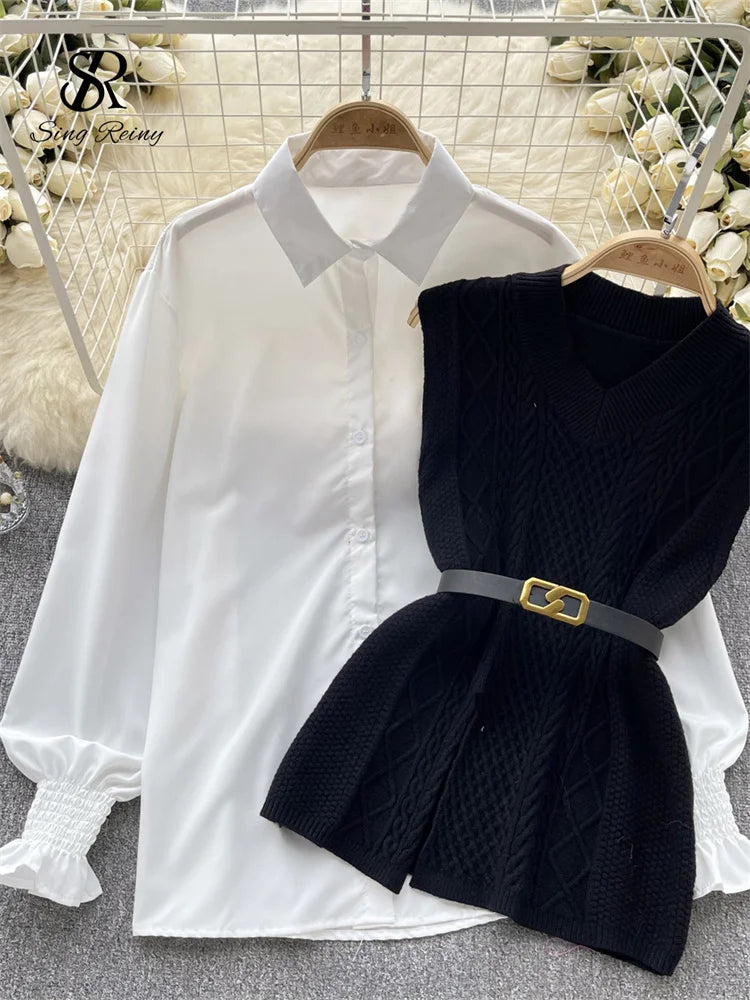 Office Lady Knitted Sweater Warm Thick Knit Vest+Single Breasted Lantern Sleeve Blouse Women Pullover Shirt Suits