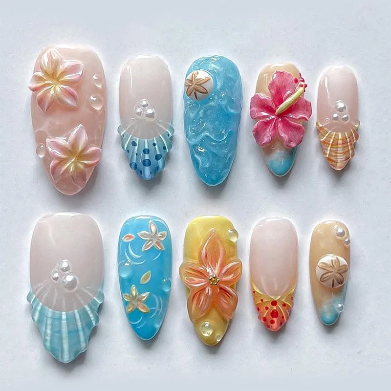 24Pcs 3D Water Ripple Wearable Almond Nail Tips Blue Ocean Shell Design Manicure Colorful Flower Pearl Detachable False Nail Set