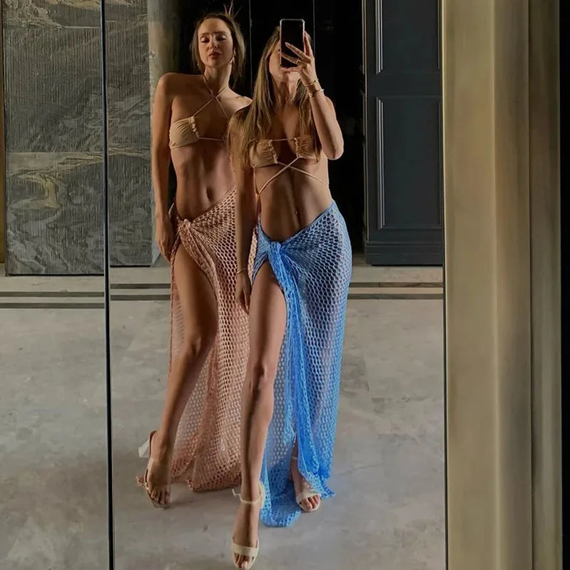 Croche Beach Cover Up Sexy See Through Dress for Women Knit Long Skirts Mesh Hollow Out Through Wrap White Midi Skirt