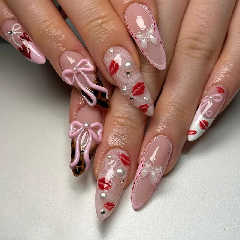 24pcs/30pcs/set Medium long 3D fake nails flowers golden foil bow rhinestones pink white summer nail tips press on false nails