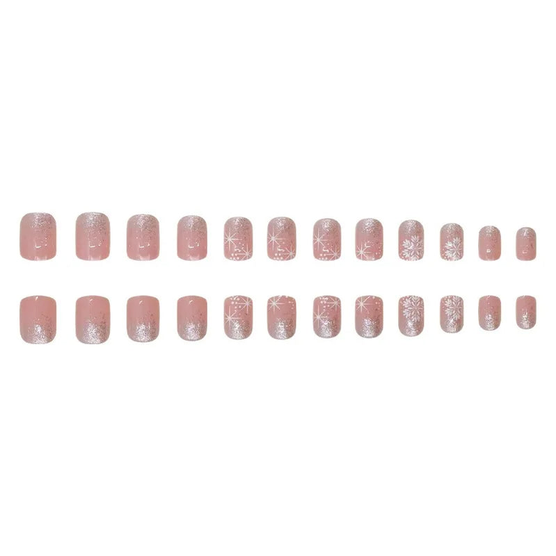 24Pcs Winter Collection Press on Nails Silver Glitter Gradient with White Snowflake and Four-Pointed Star Perfect Gift for Girls