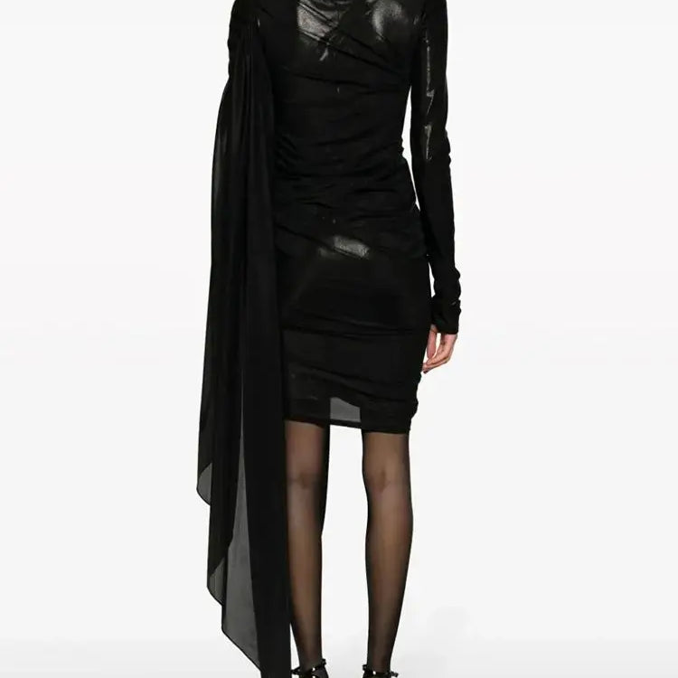 Ailigou New Women's Black Sexy Perspective Mesh Pleated Design Long sleeved Tight Mini Dress Elegant Celebrity Party Dress