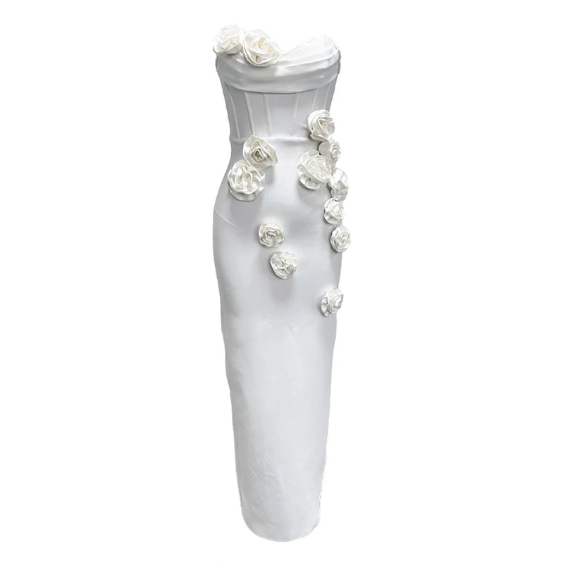 New Arrival White Color Women Sexy Florals Strapless Bodycon Mid-calf Bandage Dress Celebrate Vacation Birthday Party Dress