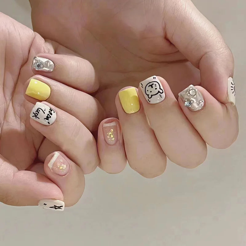 24Pcs Pink False Nails with Glue Ballerina Full Cover Nail Tips Simple Fake Nail with Star Rabbit Design Wearable Press on Nails