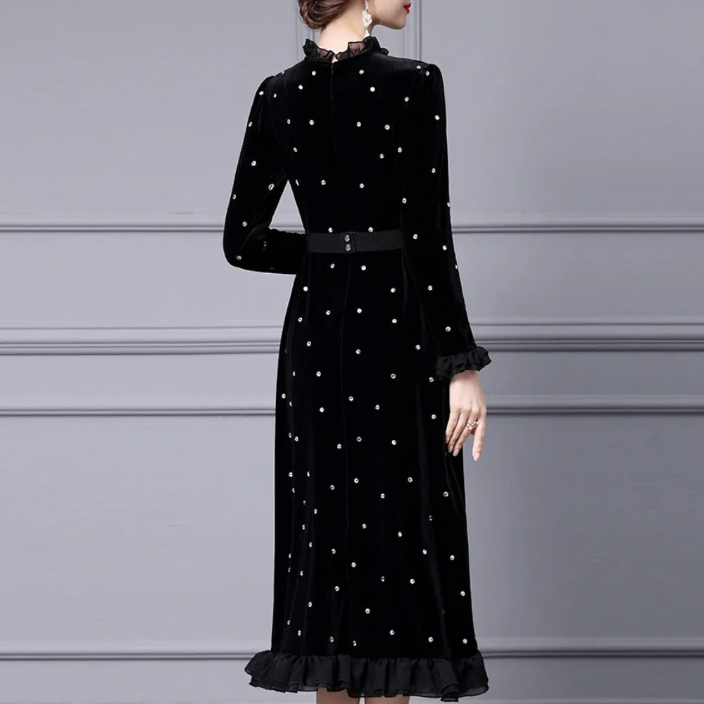 Solid Slimming Spliced Wave Point Elegant Dresses for Women Round Neck Long Sleeves Patchwork Bead Dress Female New