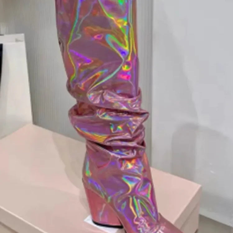 Autumn/Winter Mirror Face Thick High Heel Mid Boot Pointed Fashion High Boot Banquet Party Colorful Over Knee Long Boot rose