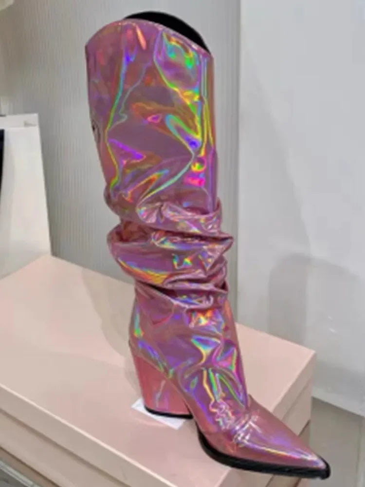 Autumn/Winter Mirror Face Thick High Heel Mid Boot Pointed Fashion High Boot Banquet Party Colorful Over Knee Long Boot rose
