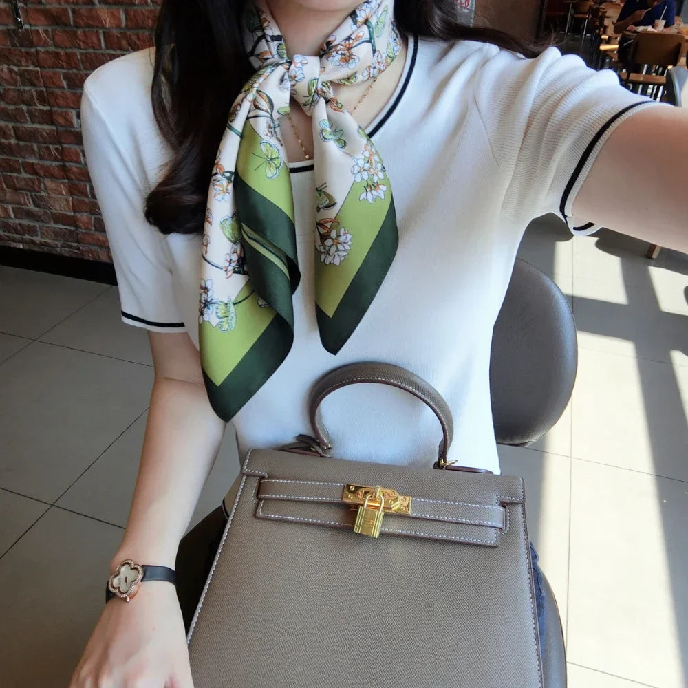 Silk Square Scarf Women 2023 Luxury Brand Print 100% Real Hand Wirst Hijab Shawl Design Wrap Neck Tie Hair Foulard Bandana