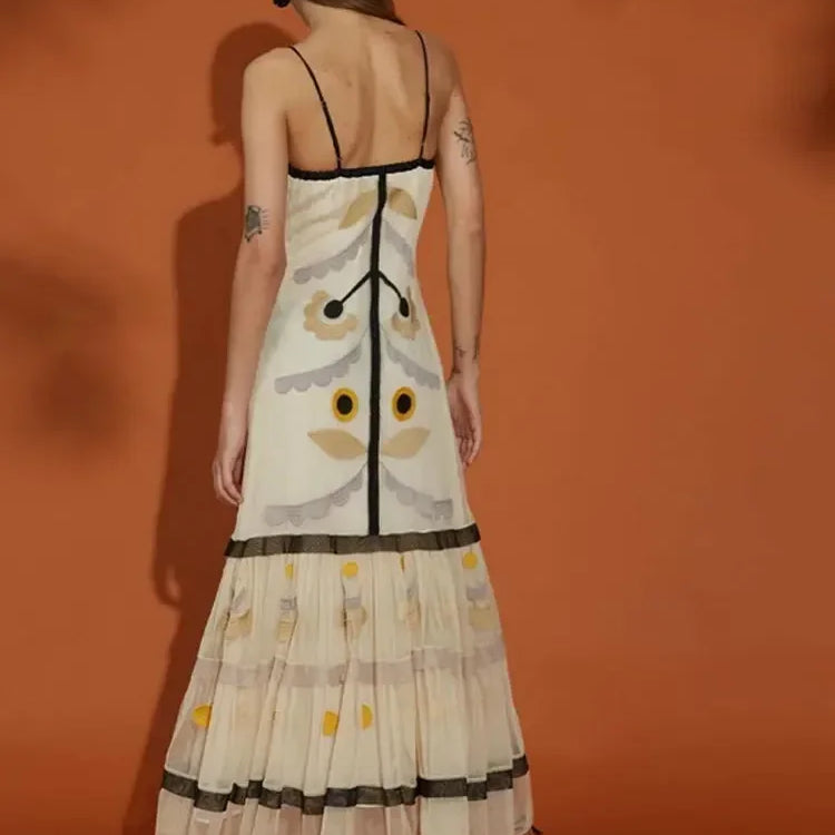 Elegant Print Mesh Ruffles Long Dress For Women Chic Spaghetti Strap Sleeveless Backless Vestidos Lady Holiday Party Robe