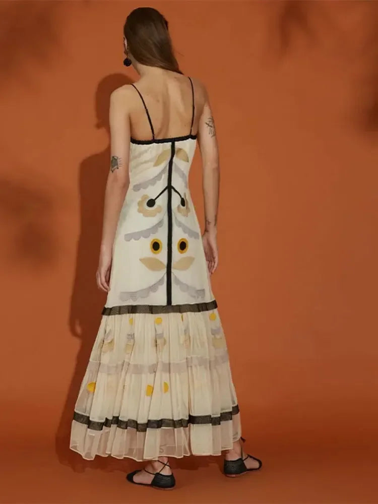 Elegant Print Mesh Ruffles Long Dress For Women Chic Spaghetti Strap Sleeveless Backless Vestidos Lady Holiday Party Robe