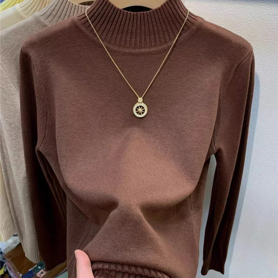 Candy Color Half Turtleneck Sweater Pullover Women Fall Winter Slim Soft Knitwear Jumper Korean Casual Warm Knit Long Sleeve Top coffee