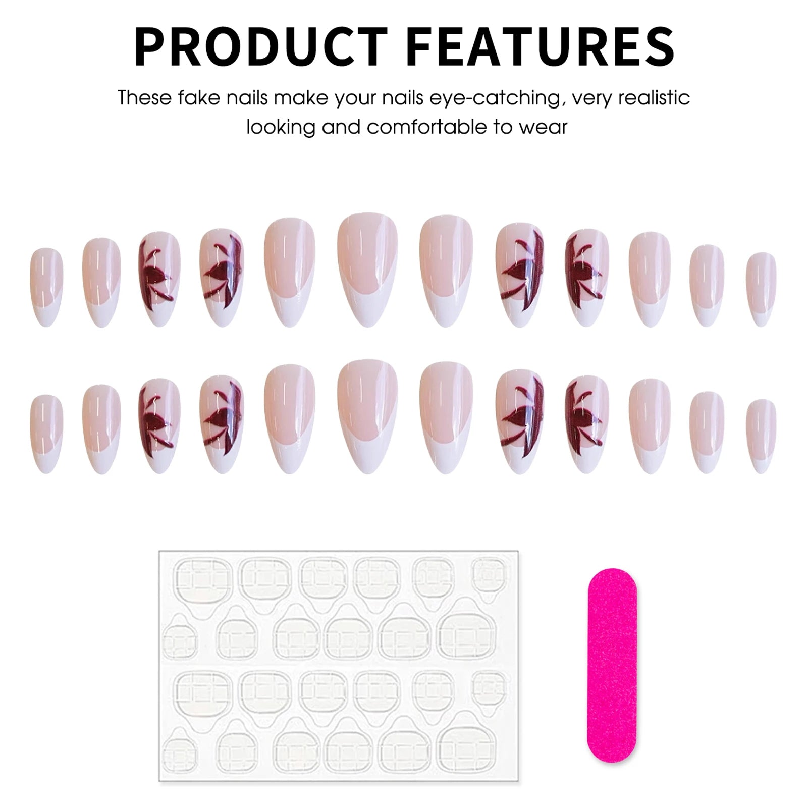 24Pcs White French Fake Nails Nude Color Almond Press On Nails Red Flower Printed Women Reusable False Nails DIY Manicure