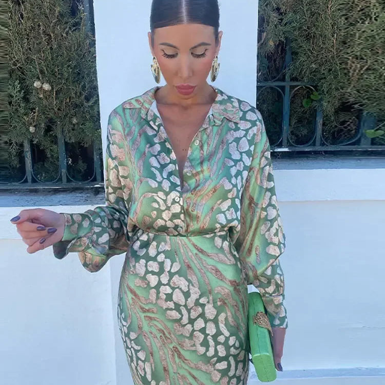 Elegant Printed Shirts Skirts Sets For Women Fashion Lapel Sleeves High Waist 2-piece Suits Summer Lady High Streetwears Green sets