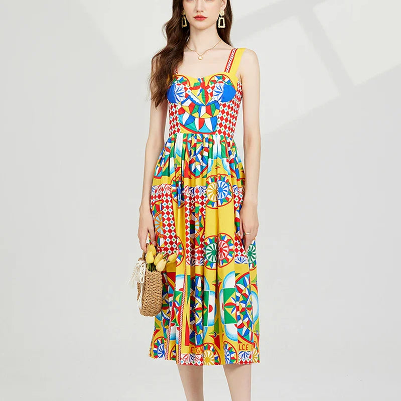 JAMERARY Floral Midi Long Rainbow Stripe Dress Women Fashion Runway Summer A Line Elastic Back Letters Print Vestidos 2023 New 118cm long