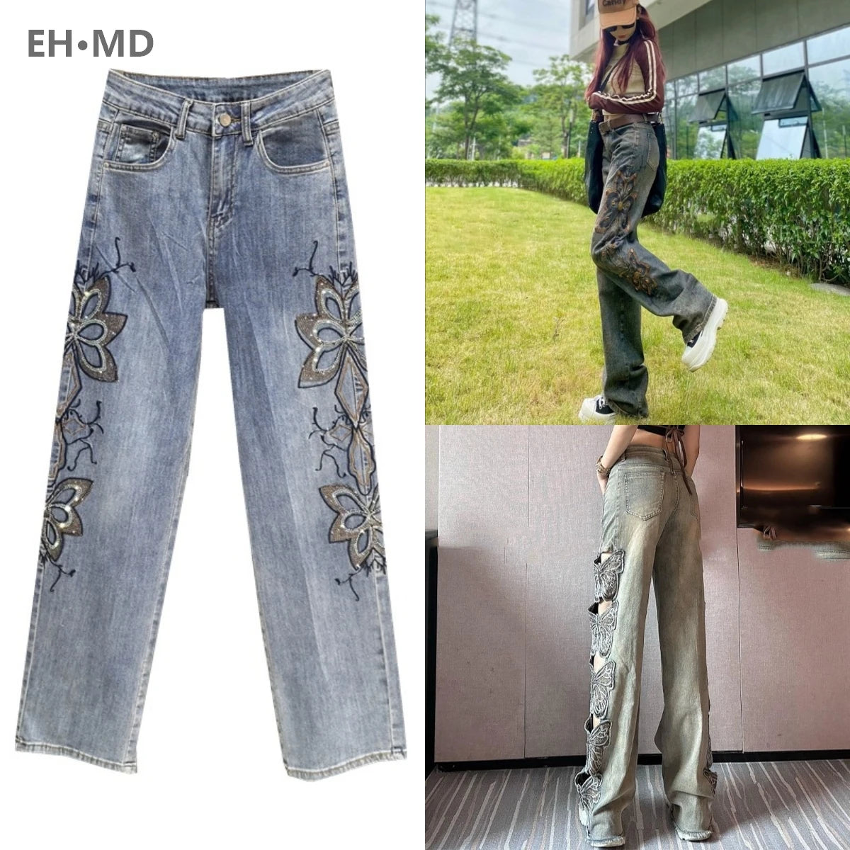 Summer Hollow Lace Jeans Women Panel Diamond Butterfly Feet Slim Fit Embroidered Long Pants Loose Hip Wrap Vintage Stretch 2024