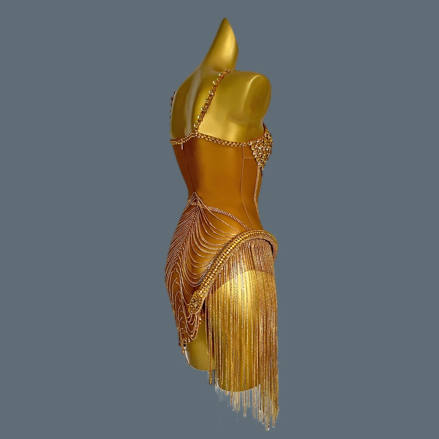 Women Shiny Gold Crystal Chain Diamonds Dress Elastic Sexy Mini Night Club Performance Costume Birthday Party Dress Tassel Liehu