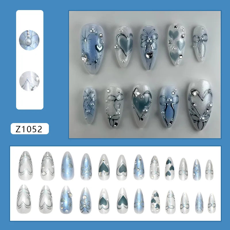 24pcs Y2k Love False Nails Sweet Cool Blue Blush Butterfly Print Fake Nails Tips Wearable Detachable Almond Press on Nails