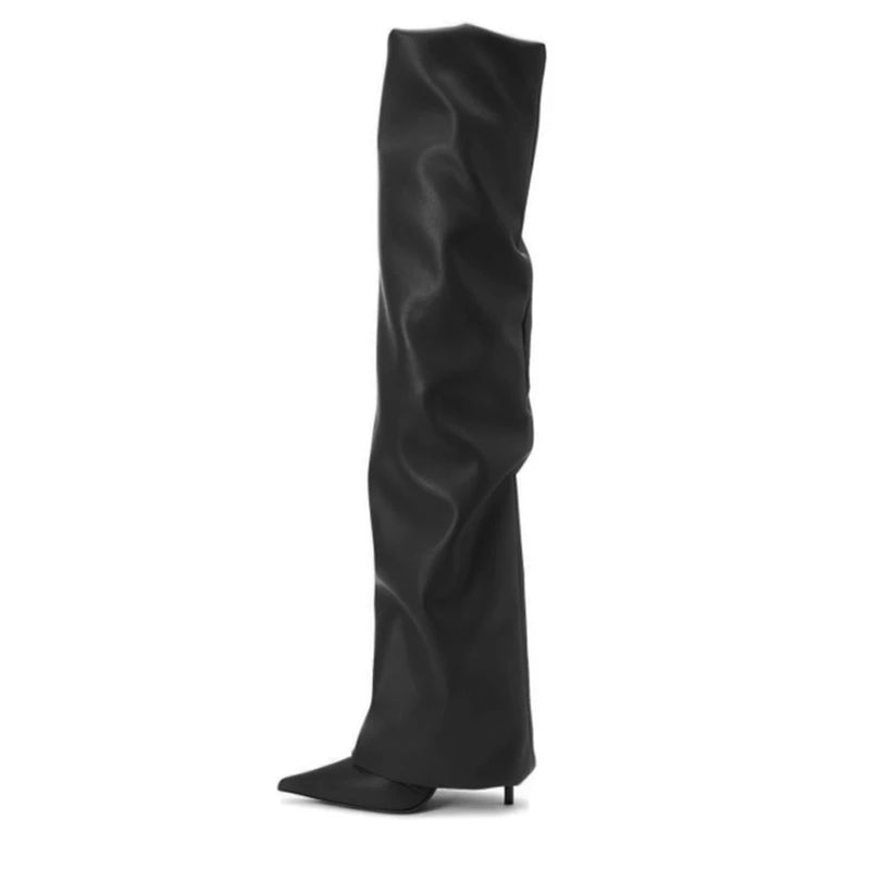 Autumn/Winter Brand New Sexy Over Knee Boots Thin High Heel Pointed Fashion Pleated Boots Black Women's Shoes Big Size 43 black