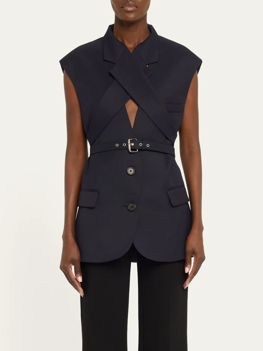 TWOTWINSTYLE Solid Slimming Spliced Single Breasted Coat for Women Lapel Long Sleeves Patchwork Lace Up Top Female Clothing New