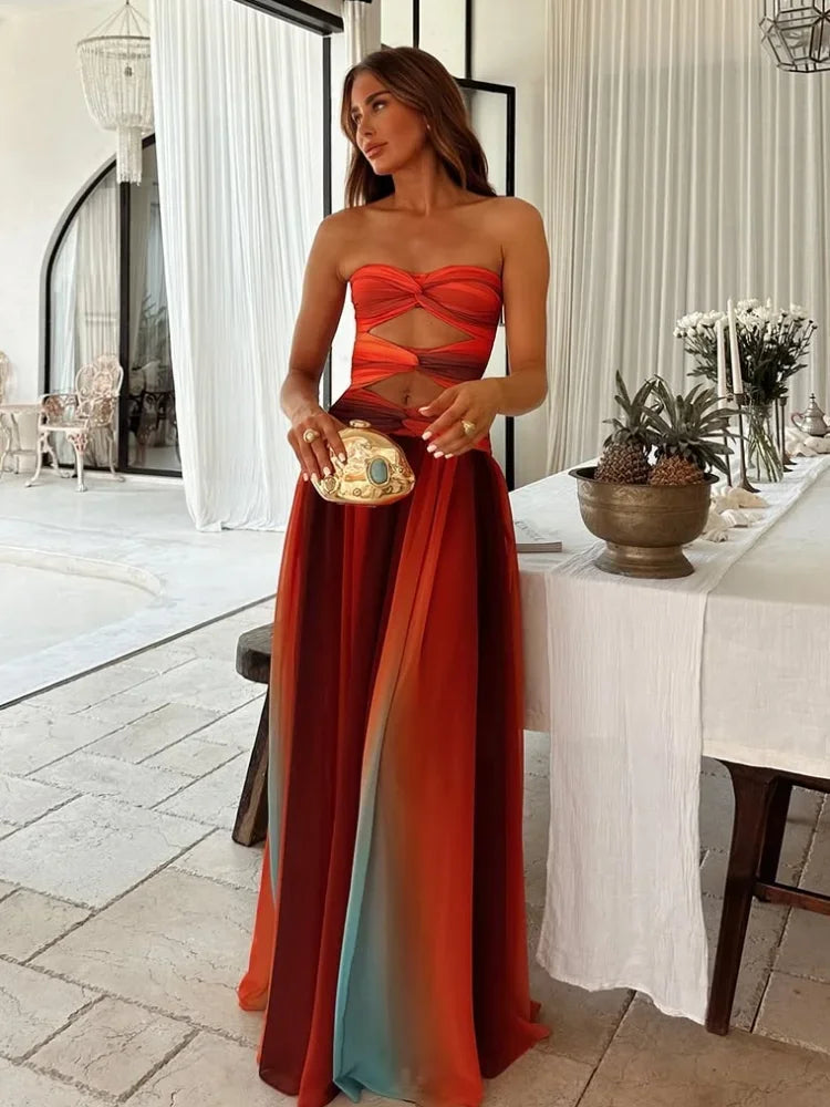 Chic Tie-dye Gradient Women's Dress Fashion Hollow Out Pleated Sling A-line Maxi Dresses New Summer Lady Holiday Beach Robe 2025