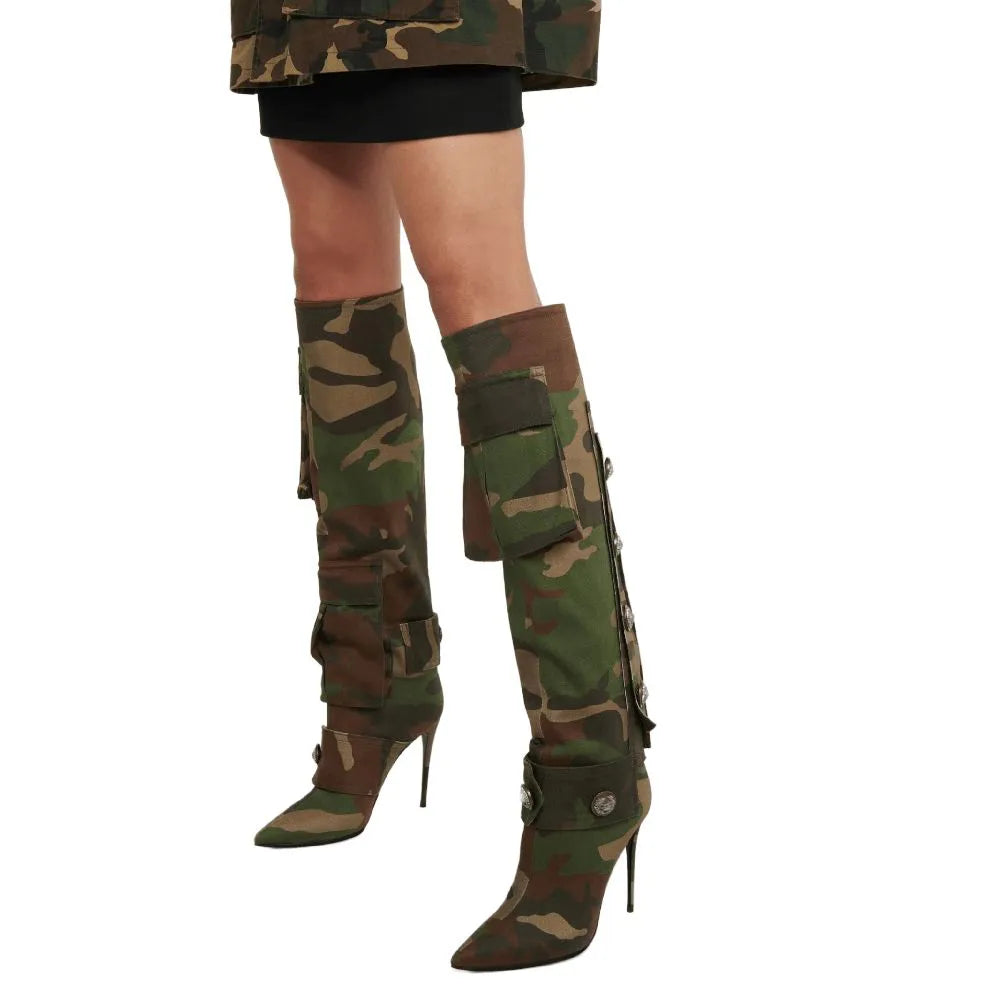 YJXKJY 2023 New Female Camouflage Bag Knee Length Boots Canvas Stiletto High Heel Buckle Pointed Toe Women‘s Big Size 43 Shoes