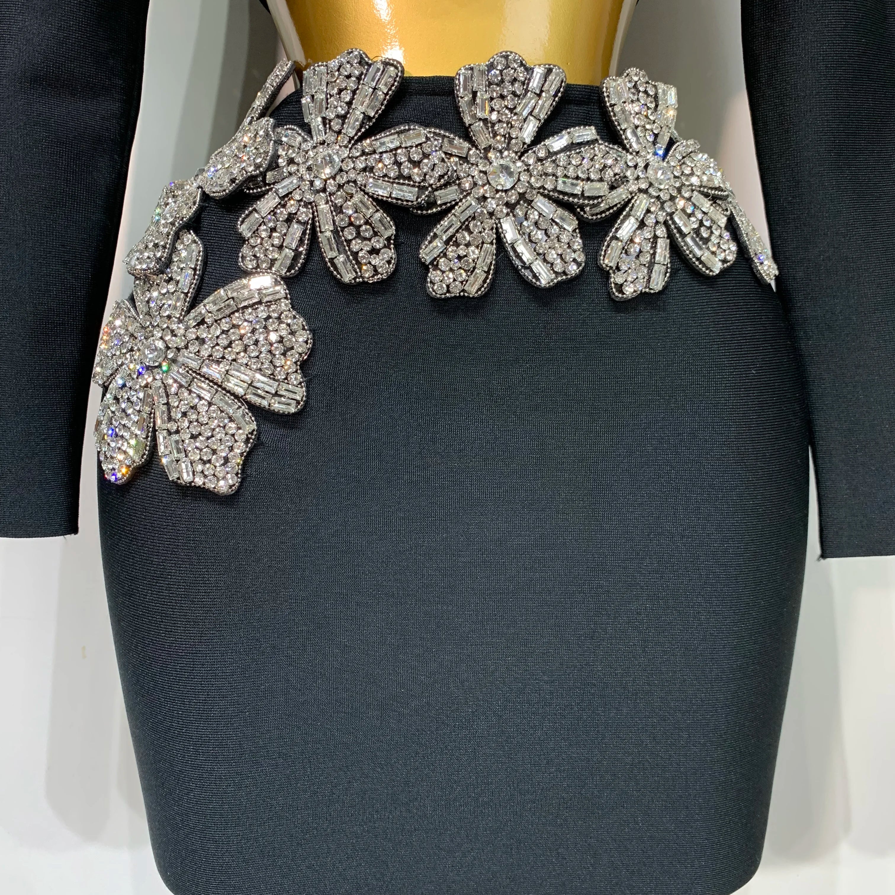 Women Long Sleeves Bandage Two Piece Sets Turtleneck Shiny Diamonds Flower Top Bodycon Mini Skirts Suits Evening Club Party Set