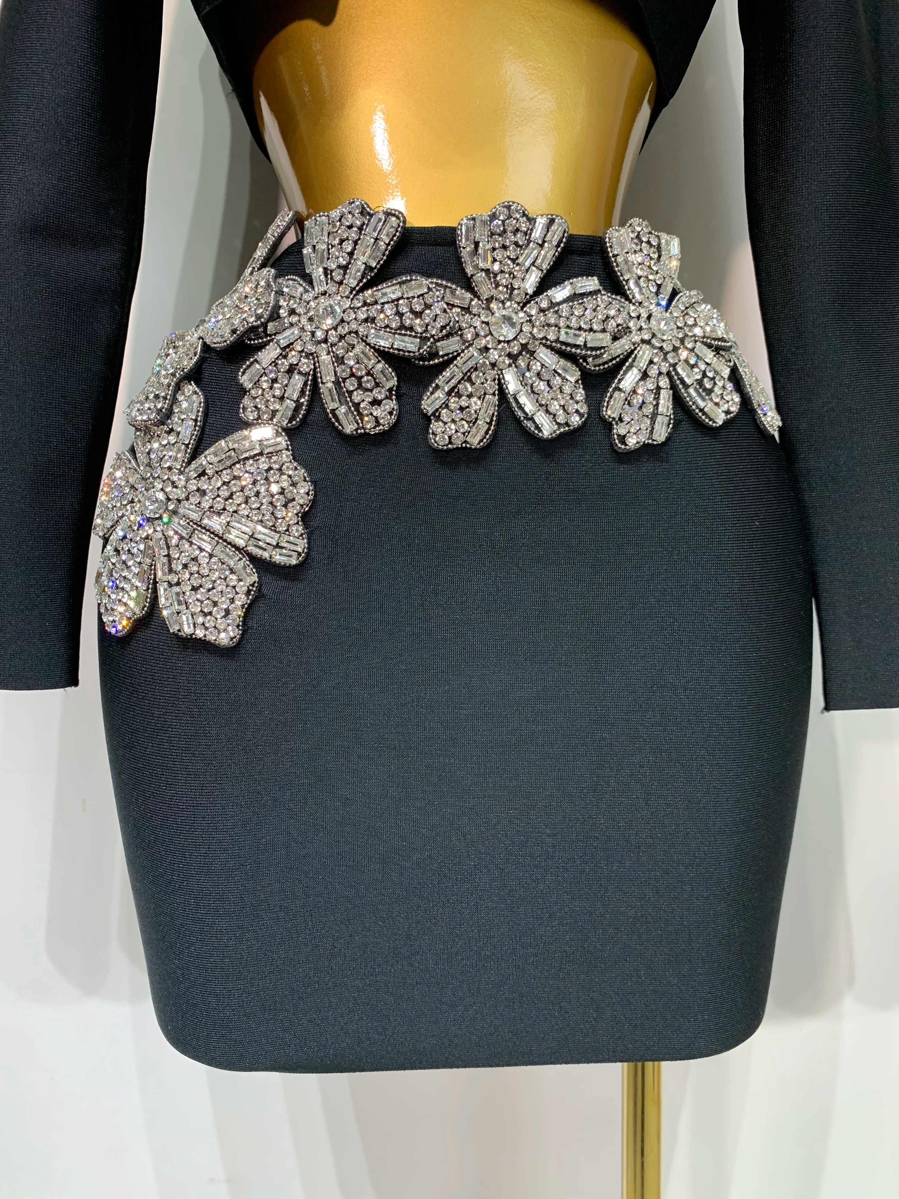 Women Long Sleeves Bandage Two Piece Sets Turtleneck Shiny Diamonds Flower Top Bodycon Mini Skirts Suits Evening Club Party Set