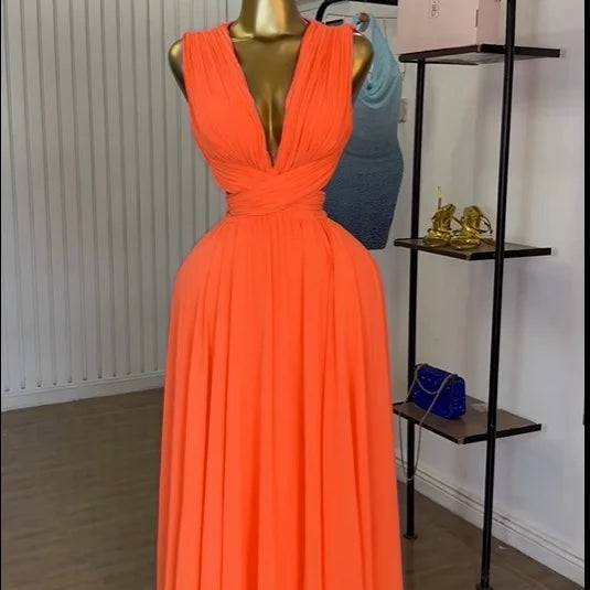 CM.YAYA Women Sleeveless Cutout Back Wrap V-neck Pleated A-line Chiffon Maxi Long Dress Birthday Vacation Sexy Party Dresses Orange