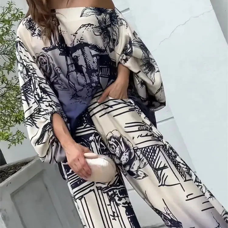 Elegant Satin Blue Print Pants 2 Piece Sets Women Fashion lantern Sleeves Shirt Wide Leg Pant Suits Loose Causal Streetwear