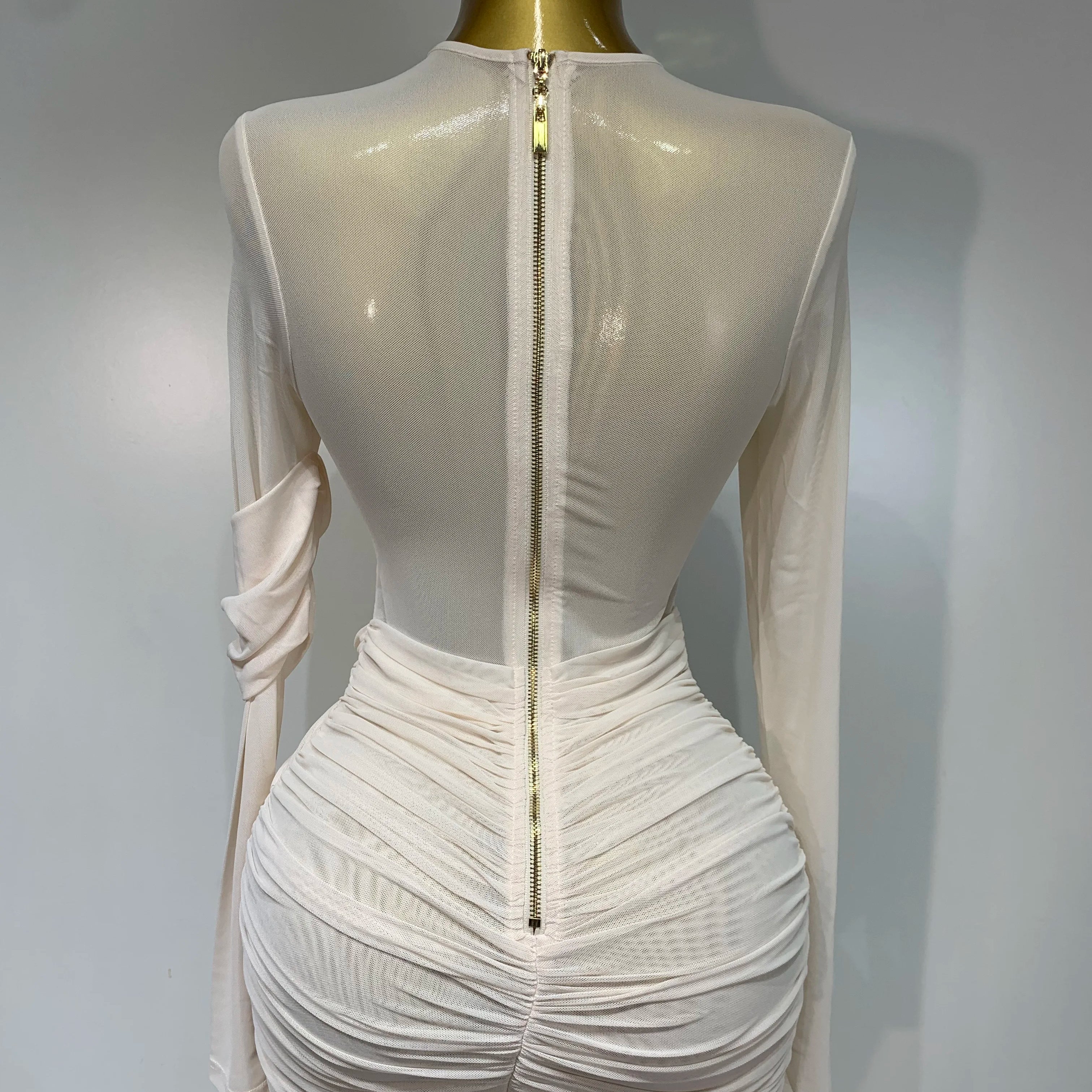 Elegant Mesh Fold Long Sleeve Bodycon Dress Women 2025 Evening Party Club Sexy Perspective Fashion Luxury Birthday Dresses