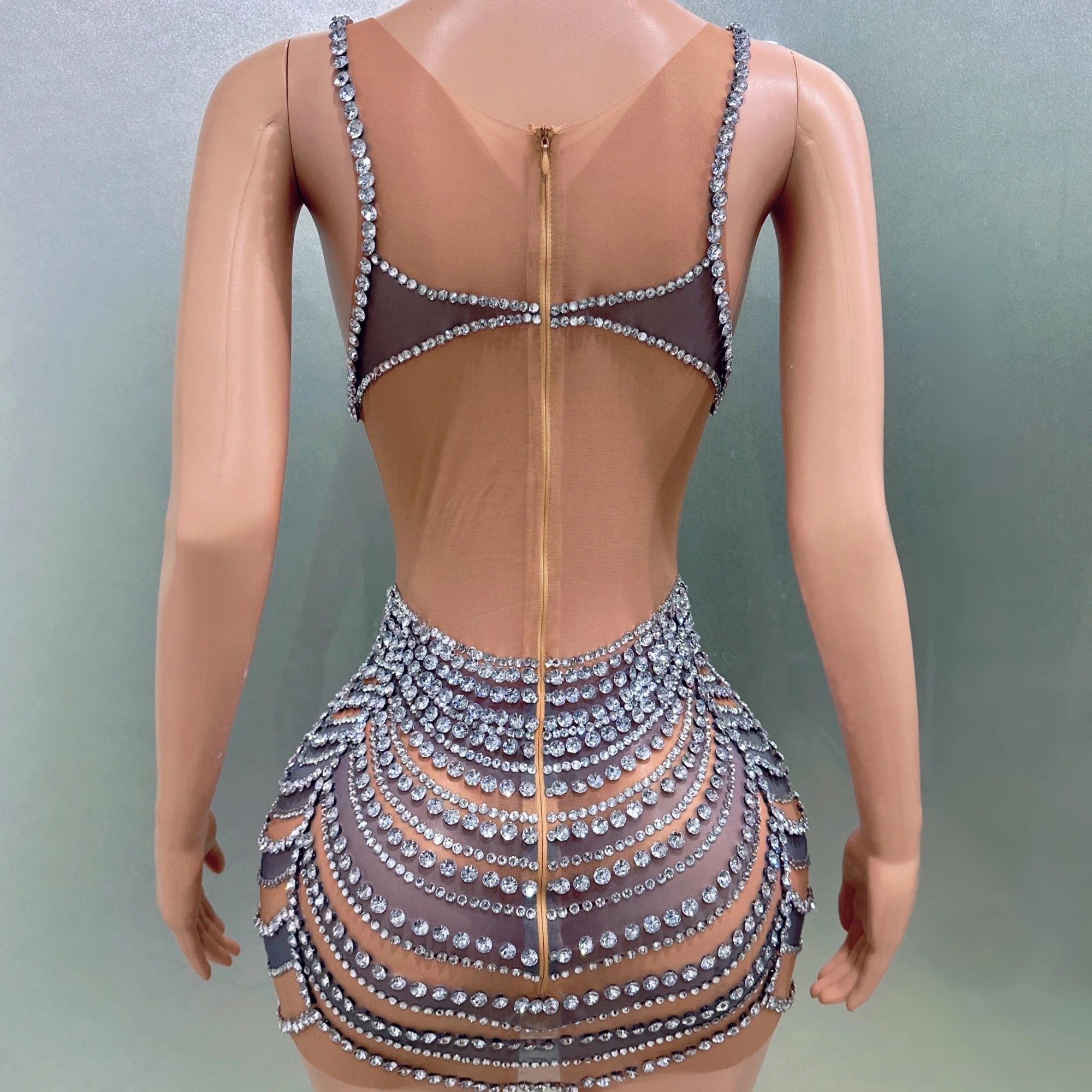 STOCK Women Sleeveless Sexy O-Neck Bodycon Mini Mesh Crystal Dress Celebrate Nightclub Party Bar Singer Performance Costume