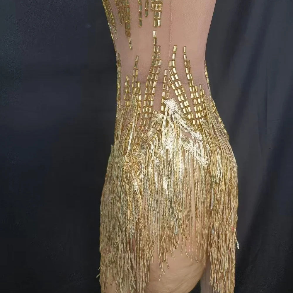 Women Sexy Mesh Gold Crystal Stretchy Night Club See Through Singer Dancer Tassel Stage Costume Mini Party Dress