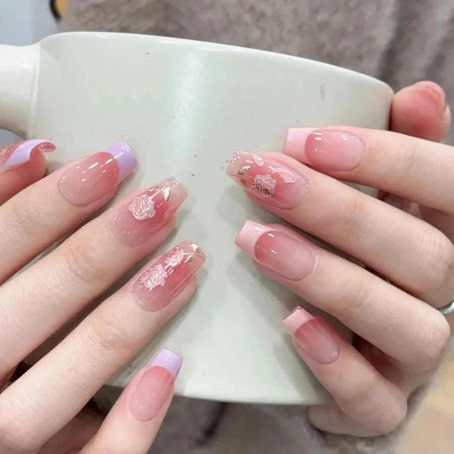 24pcs/set Medium long fake nails Swan fish flowers for summer season gradient almond square ballet tips press on false nails