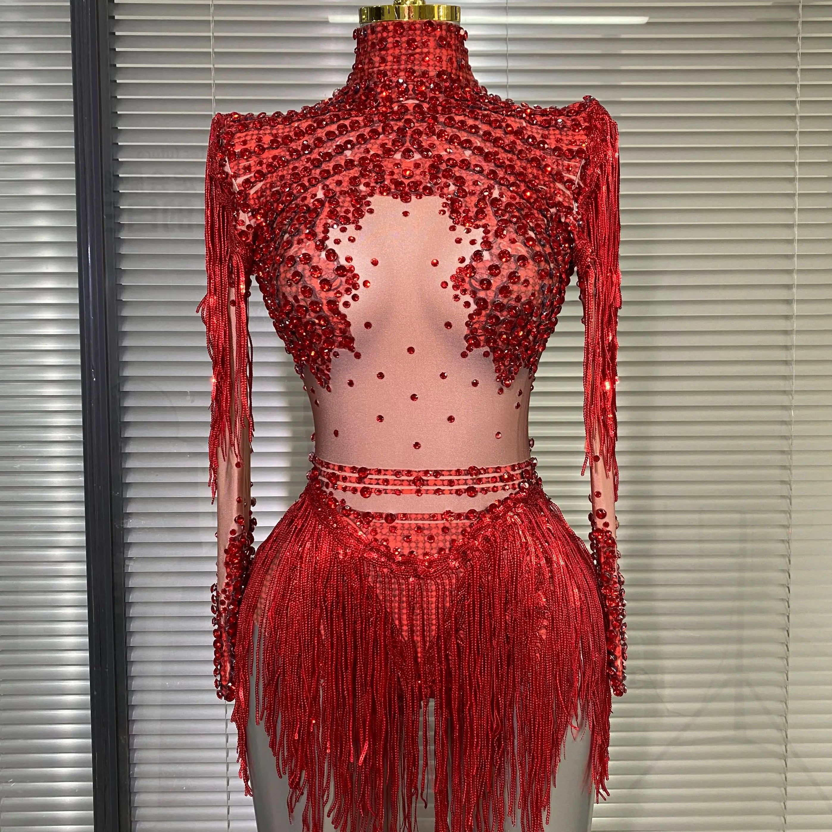 Women Sexy Skin Whtie Red Gold Crystal Stretchy Night Club Singer Dancer Tassel Dancer Red Stage Costume Party Bodysuit